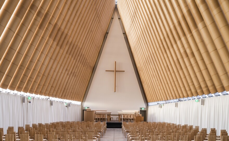 This undated image released by the Pritzker Prize shows a cardboard cathedral in New Zealand designed by Tokyo-born architect Shigeru Ban, 56, the recipient of the 2014 Pritzker Architecture Prize.