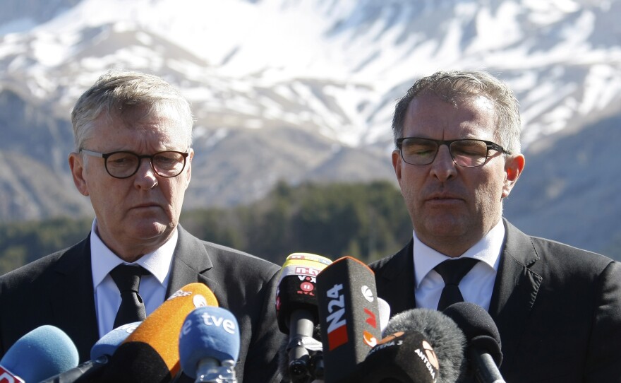 CEO of Germanwings Thomas Winkelmann, left, and Lufthansa CEO Carsten Spohr visited the site of the Germanwings jet crash in Le Vernet, France, Wednesday.