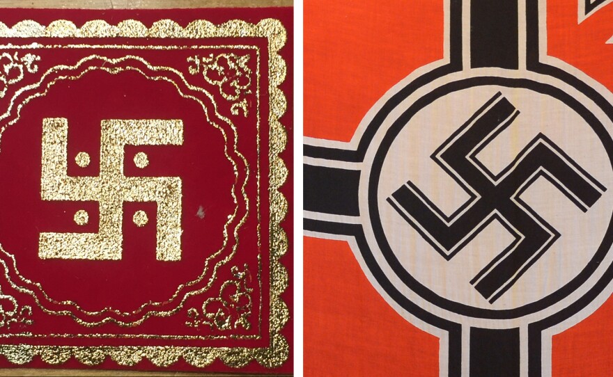 (Left) The Hindu swastika. (Right) A Nazi flag hangs in a Nazi-themed cafe in Bandung, Indonesia in 2013.