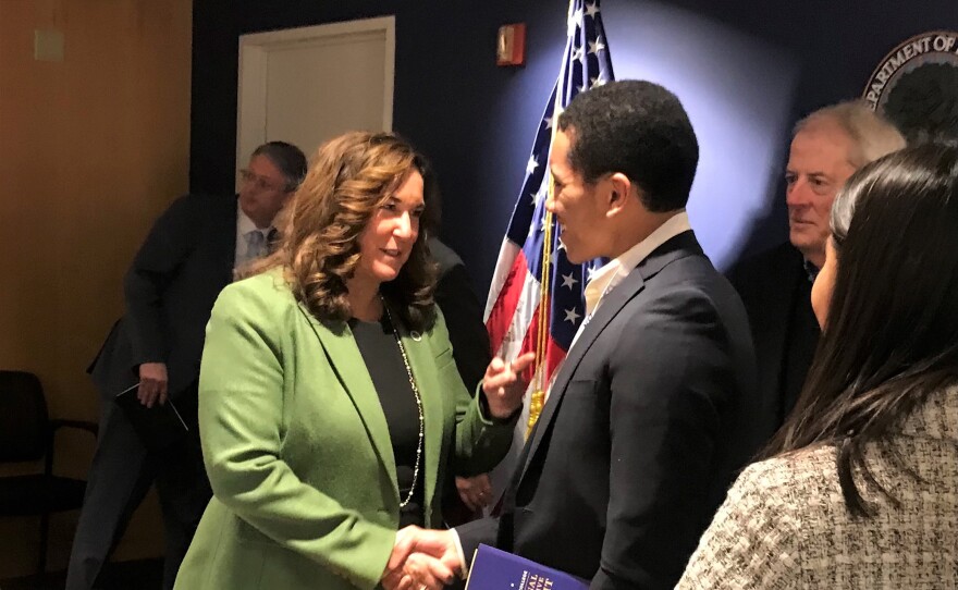 U.S. Deputy Secretary of Education, Cindy Marten, greets Diego Bethea the student president of San Diego City College, Washington, D.C., February 6, 2023.