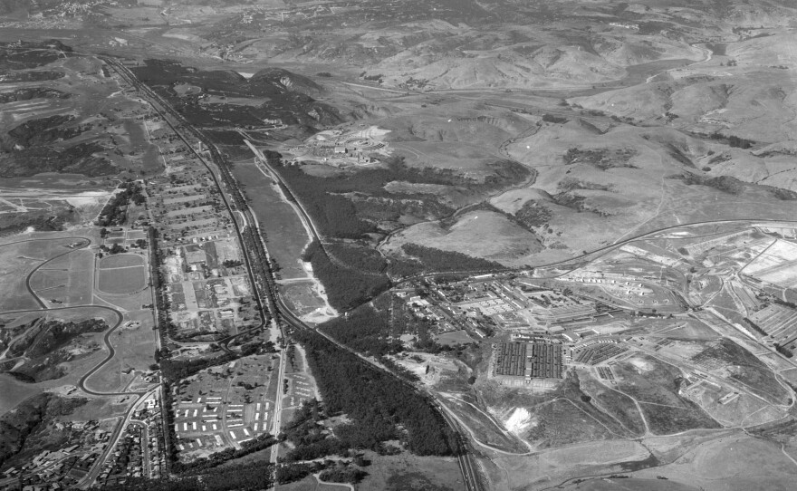 Black and white aerial photo of Camp Matthews and the ruins of Camp Callan in 1958.