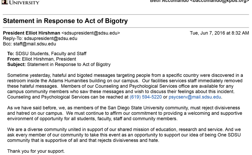 SDSU President Eliot Hirshman sent this email on June 7, 2016 in response to latest "act of bigotry" on campus.