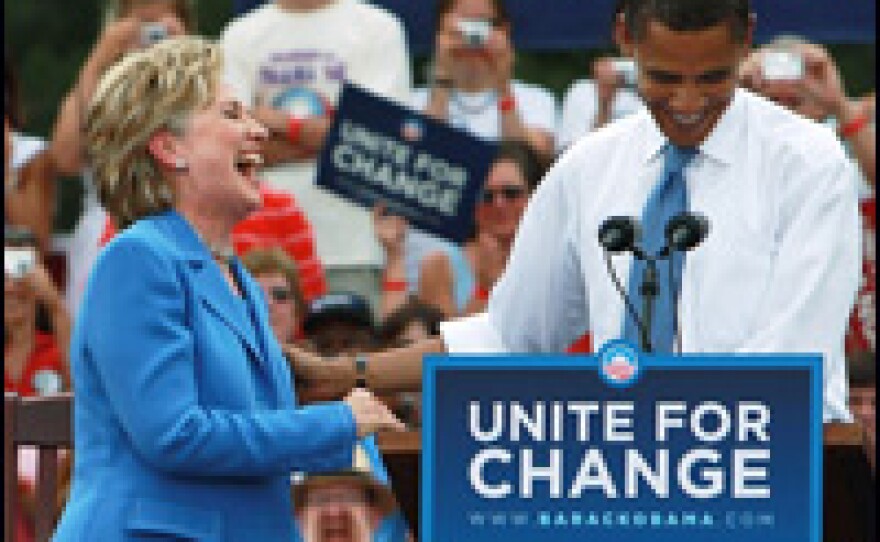 New York Sen. Hillary Rodham Clinton and Illinois Sen. Barack Obama participate in their first joint campaign appearance on June 27, 2008, in Unity, N.H.