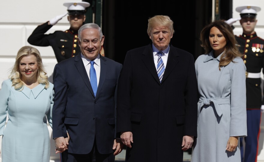 President Trump and Melania Trump meet with Israeli Prime Minister Benjamin Netanyahu and his wife Sara Netanyahu, who visited the White House on Monday.