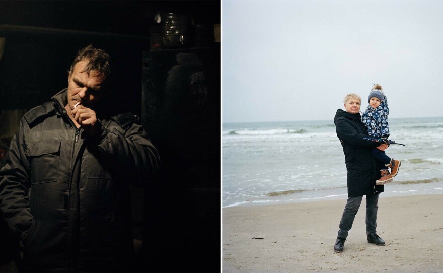 Left: Alexander Dokalenko, Elena Diachkova's husband, at a center for internally displaced people in the Dnipro region, where he has stayed since fleeing Avdiivka, December 2022. Right: Elena Diachkova and her grandson Nikita, 3, visiting the beach at Ustka, Poland, on the Baltic coast, December 2022.