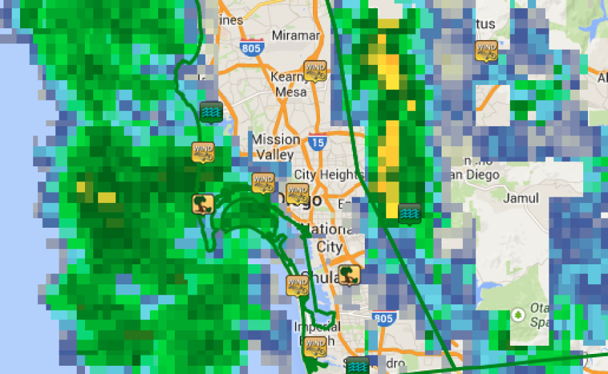 A screen grab from an interactive National Weather Service map shows some of the latest reports of damage and flooding during a winter storm in San Diego, March 1, 2014. 