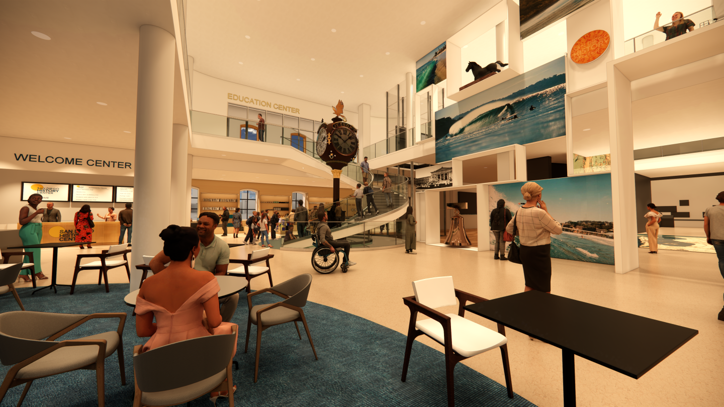 An artist's rendering of a newly redesigned San Diego History Center gallery is shown, featuring the Jessop's Clock, encompassed by a spiral staircase.