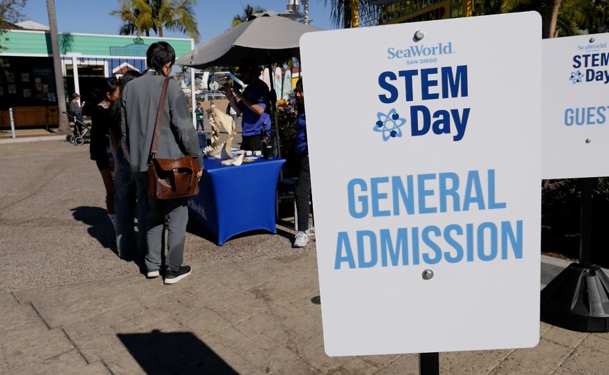 A sign that says 'Stem Day' is shown right next to one of the special STEM learning stations at SeaWorld on Nov. 14, 2024.