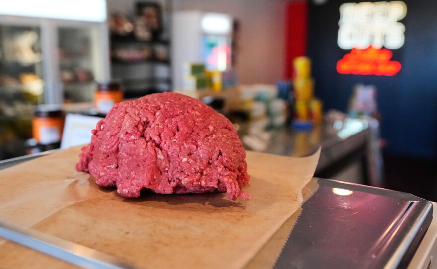 An order of ground beef is prepared for a customer at Deep Cuts butcher shop in Dallas on Oct. 21, 2025.