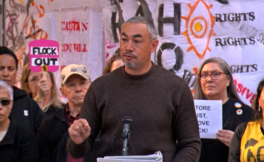 San Diego City Councilmember Sean Elo-Rivera addresses supporters and the media at Civic Center Plaza on December 4, 2025.