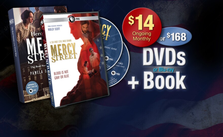Give $14 monthly ongoing or $168 during our TV membership campaign beginning March 4, and receive the “Inside Mercy Street” 2-Blu-ray set and book. This gift includes a KPBS License Plate Frame (if you're a new member). Also enjoy access to KPBS Passport and myKPBS Film Club. The book only is at the $96 level, as well as the DVD set only or Blu-ray set only.