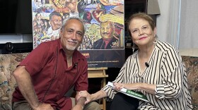 Roberto Pozos (left) and Maria Garcia (right) sit together for a recording of the "We Made San Diego" video podcast, Sept. 2025.<br/>