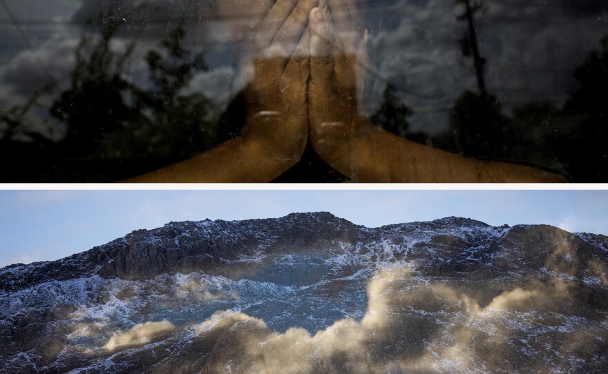 (Top image) A portrait of Everidge Green Jr., 6 years old, in the window of his grandfather's rebuilt home in New Orleans in August 2014. His older cousin and great grandmother died in the floodwaters of Hurricane Katrina in August 2005. (Bottom image) The mountains of South Georgia and clouds are reflected in the windows of the National Geographic Endurance in February 2022.