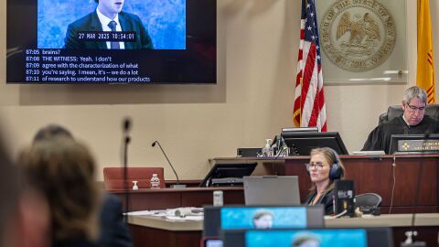 A recording of Meta Founder and CEO Mark Zuckerberg's deposition is played for the jurors on March 4 in Santa Fe, N.M.