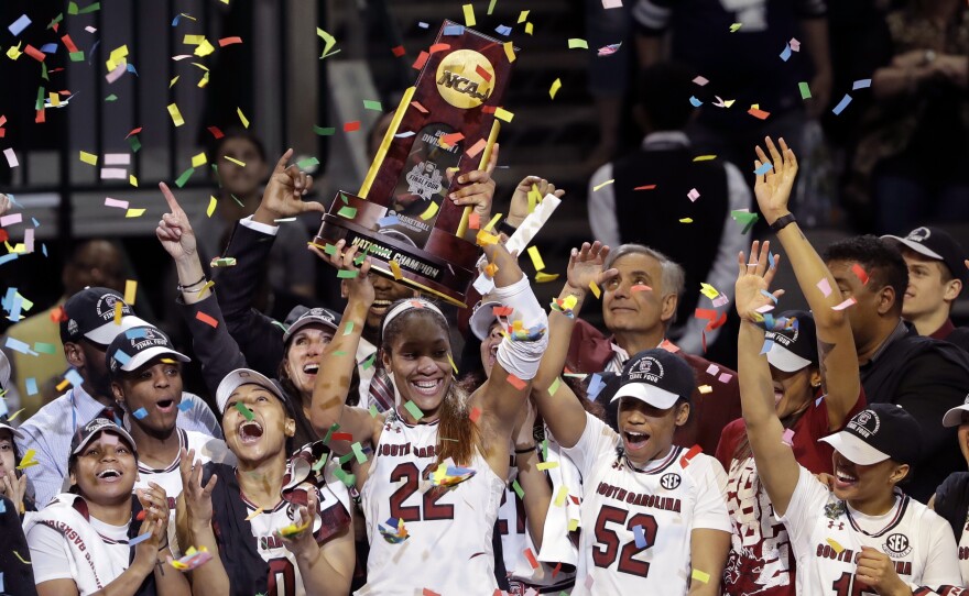 South Carolina forward A'ja Wilson (22) and her teammates celebrate their win over Mississippi State in the final of the NCAA women's college basketball tournament on Sunday.