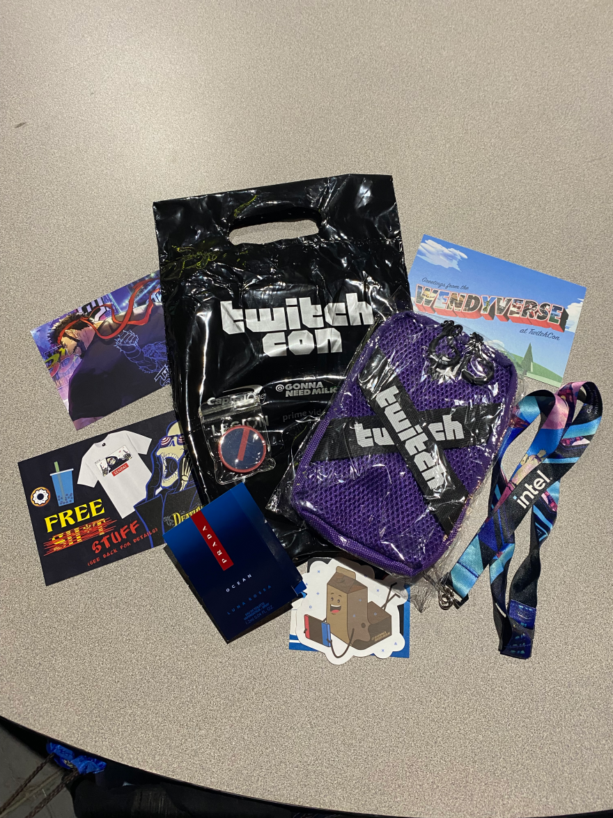 Freebies attendees can receive when entering TwitchCon 2022. San Diego Convention Center. Oct. 7, 2022.