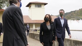 Vice President Kamala Harris, left, and California Gov. Gavin Newsom visit the Upper San Leandro Water Treatment Plant in Oakland, Calif., April 5, 2021.