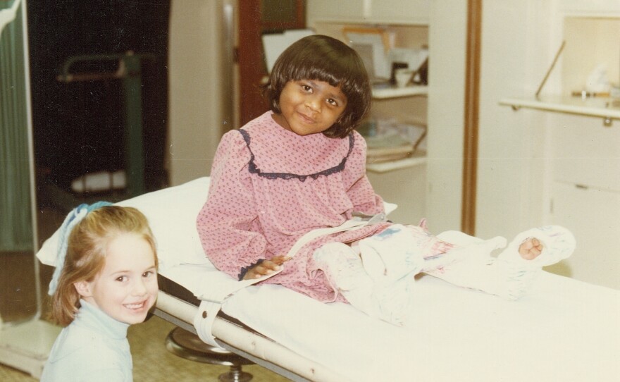 After being adopted from India by an American couple, Minda Dentler had a series of surgeries so she'd be able to walk using braces and crutches. Above: Dentler at the Shriner's Hospital in Spokane, Washington, in January 1983.