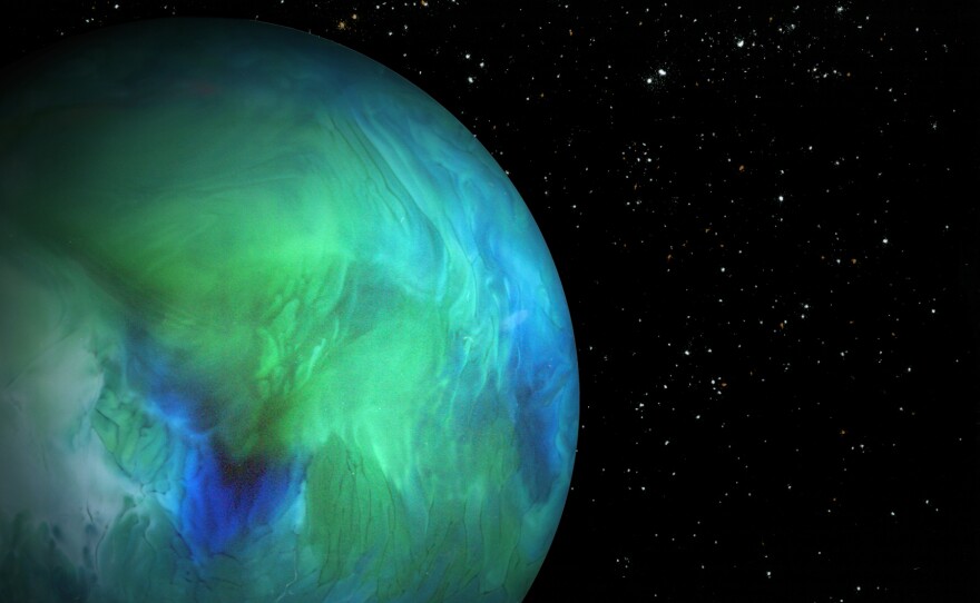Planet: bottom of a glass containing half and half, water, food coloring. Stars: salt, cinnamon, baking powder.