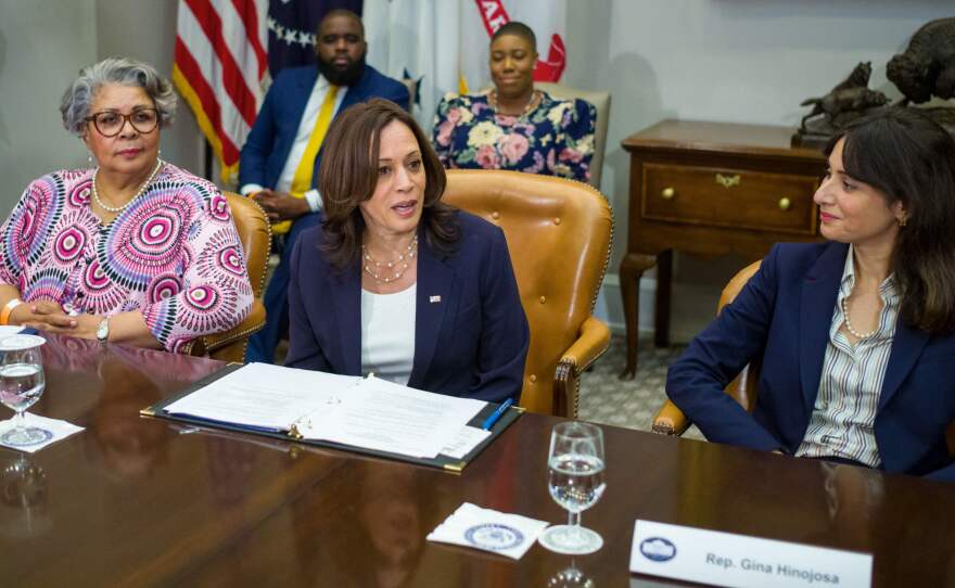 Texas Democratic lawmakers, including state Reps. Senfronia Thompson (left) and Gina Hinojosa (right), meet with Vice President Harris on June 16 at the White House.