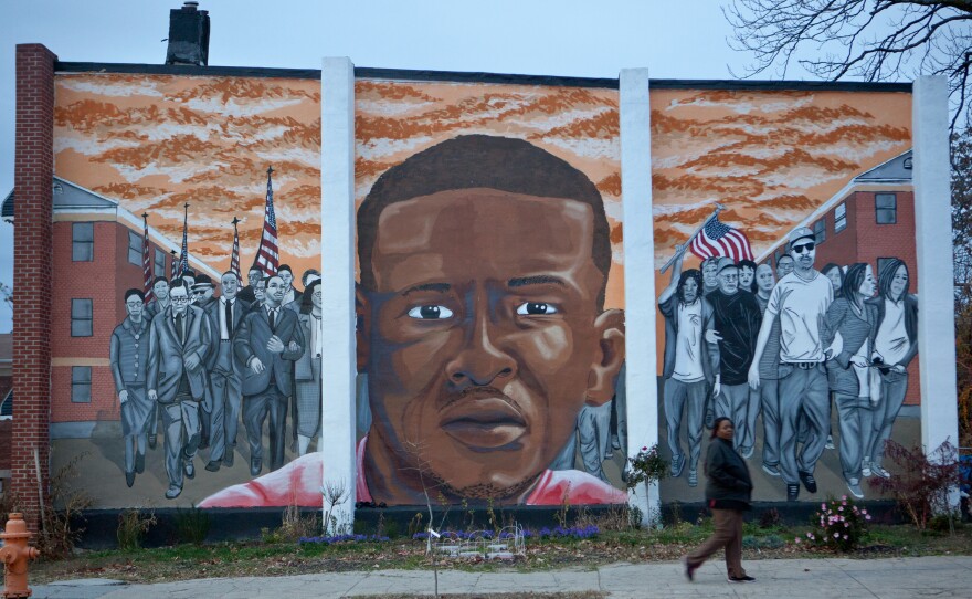 A mural for Freddie Gray is seen at the intersection of North Mount and Presbury streets where he was arrested in April.