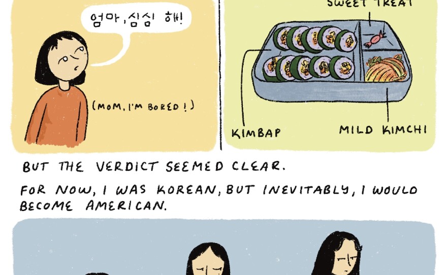 As a child, I got the sense that the adults around me already had their minds made up about me. I tried my best to avoid later-generation stereotypes by: Speaking Korean at home and insisting on bringing Korean food to school. But the verdict seemed clear. For now, I was Korean, but inevitably, I would become American. Images of young Dabin speaking Korean and her lunch with kimbap and kimchi.