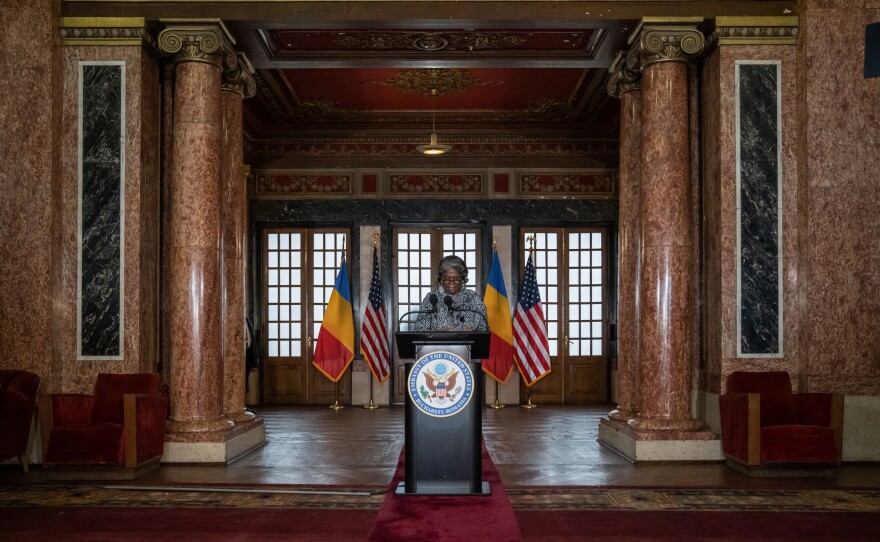 US Ambassador to the UN, Linda Thomas-Greenfield, holds a press conference at the Official Hall of Gara de Nord railway station in Bucharest, April 4th, 2022. "As I told Prime Minister Ciuca earlier today in our robust discussion, I want the Romanian people to know that you are not alone. In all of your humanitarian efforts, the United States is your committed partner", the Ambassador said.