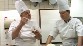 Chef Jacquy Pfeiffer and Chef Sebastien Canonne taste and discuss desserts in the kitchen as featured in "Kings Of Pastry." 