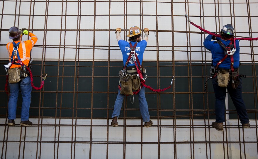 In 2018, ironworkers practiced tying rebar at the Iron Workers Local Union #86 Administrative Offices in Tukwila, Wash.