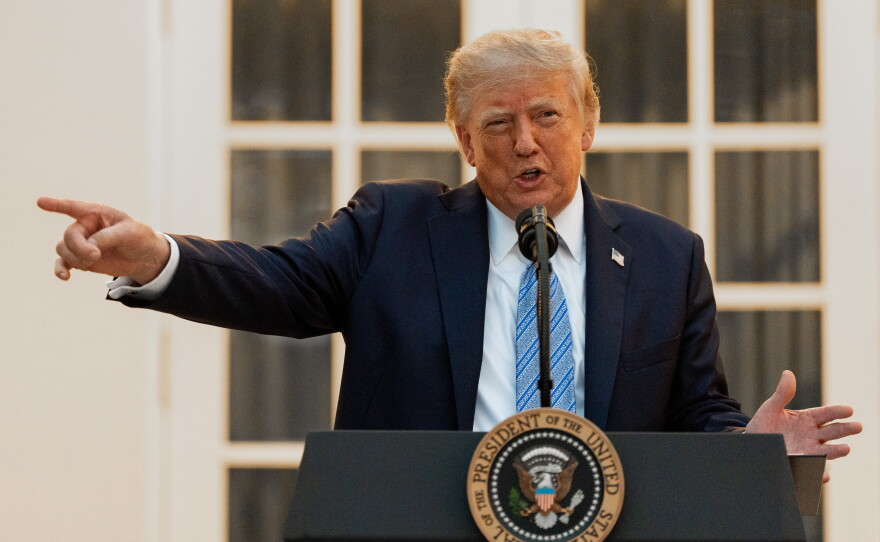 President Trump speaks Thursday during a dinner in the Rose Garden at the White House.