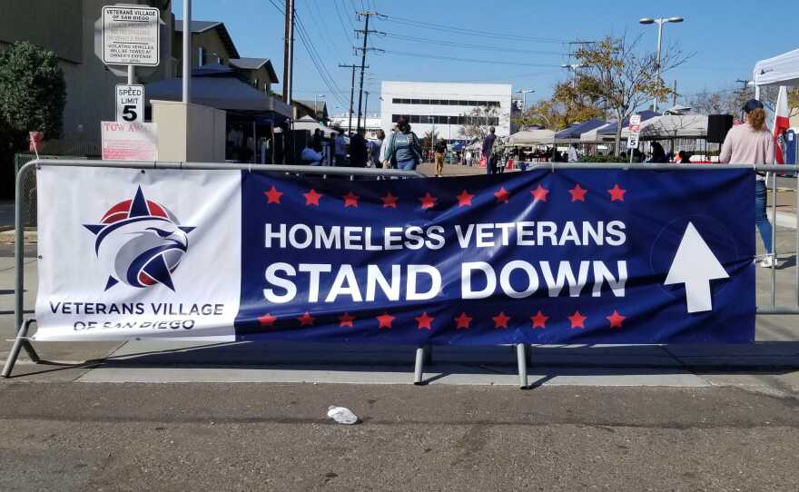 The Veterans Village of San Diego 'Homeless Veterans Stand Down' sign displayed at the entrance of the event at the VVSD San Diego campus on November 17, 2021.