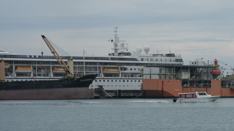 A U.S. cruise ship, the MV Odyssey, docks at the Sihanoukville Autonomous Port in Sihanoukville, Cambodia, Wednesday, Oct. 28, 2026.