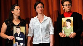 Sarah Shourd (center) stands with Cindy Hickey, mother of Shane Bauer (left) and Laura Fattal, mother of Josh Fattal during a news conference on Sunday in New York City. Shourd was freed last week after being held in Iran for more than 13 months and accused of spying. Fattal and Bauer remain imprisoned.