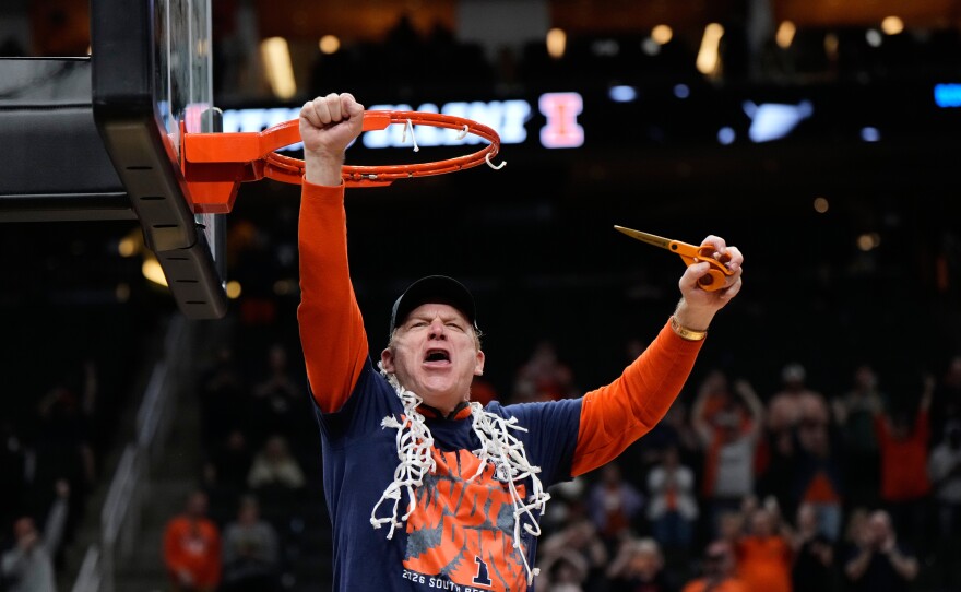 Illinois coach Brad Underwood celebrates after Illinois beat Iowa in an Elite Eight game in the NCAA college basketball tournament Saturday, March 28, 2026, in Houston.