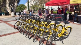 A row of dockless bicycles are parked at San Diego State University, April 10, 2018.