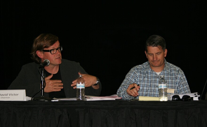 David Victor, chair of Edison's Citizens' Engagement Panel, with San Clemente
Mayor Tim Brown, a panelist, at a meeting in Oceanside, Aug. 28, 2014.