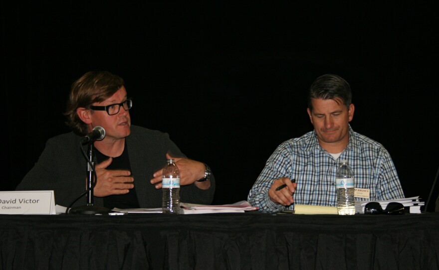 David Victor, chair of Edison's Citizens' Engagement Panel, with San Clemente  Mayor Tim Brown, a panelist, at a meeting in Oceanside, Aug. 28, 2014. 