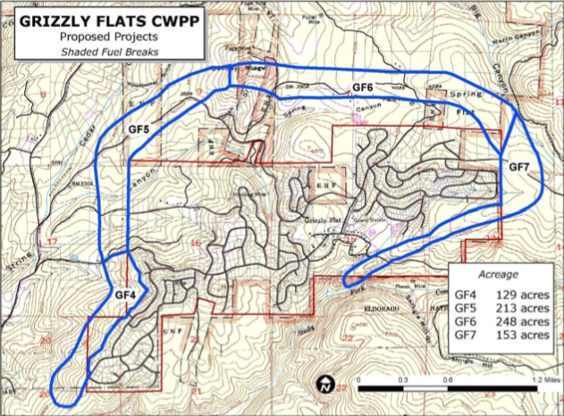 A 2006 map of the Grizzly Flats Fire Safe Council’s planned fuel breaks around three sides of the community. 