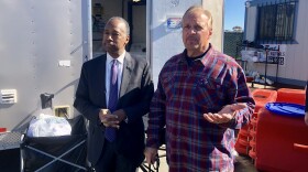 U.S Department of Housing and Urban Development Secretary Ben Carson tours the Alpha Project's homeless shelter with the nonprofits CEO Bob McElroy, Feb. 22, 2019.