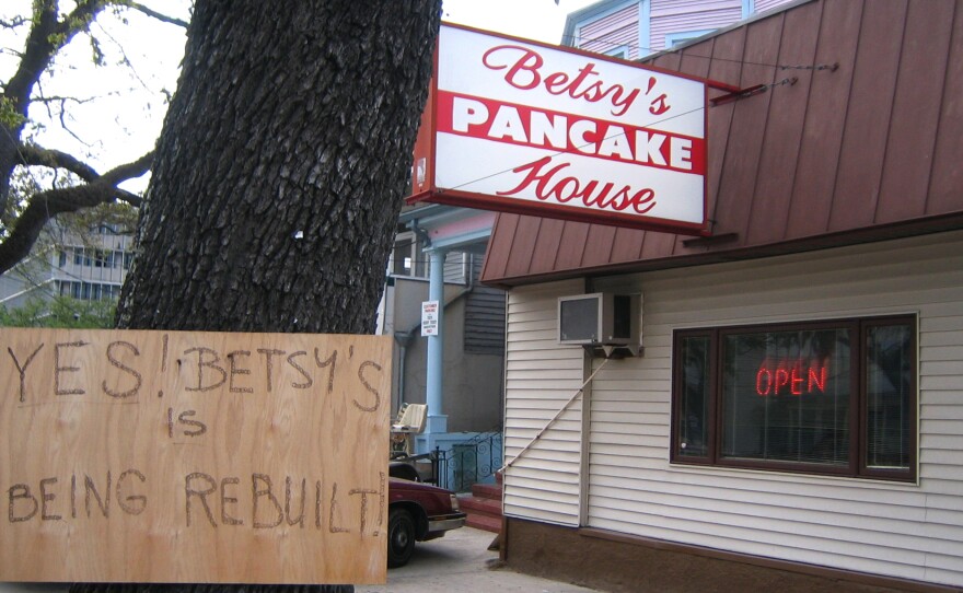 Betsy's Pancake House on Canal Street in New Orleans announces its return to business after Hurricane Katrina.