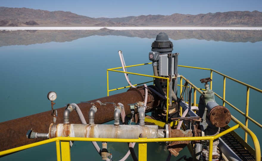 A pump at a pool at Silver Peak lithium mine in Silver Peak, Nev. on Oct. 6, 2022.