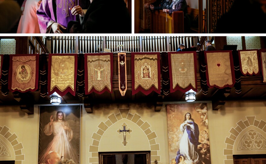 Father Miroslaw Frankowski (top left) greets parishioners at St. Florian Roman Catholic Church before Sunday Mass services (top right and bottom).