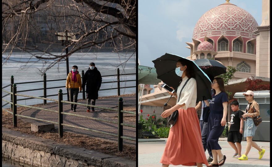 The coronavirus outbreak began during the cold of winter in Wuhan, China. Scientists are asking if heat and humidity in countries like Malaysia (above, right) — and in regions where summer is soon starting — could slow transmission.