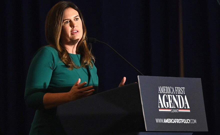 Former White House Press Secretary Sarah Huckabee Sanders speaks at the America First Policy Institute Agenda Summit in Washington, D.C., on July 26.