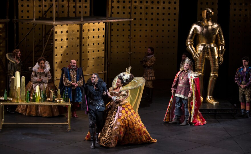 Grantham Coleman (center) is Hamlet and Opal Alladin plays his mother Gertrude in "Hamlet."