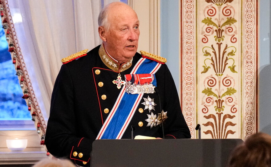 FILE - Norway's King Harald gives a speech during a gala dinner at the Palace in connection with the state visit of the Icelandic presidential couple, in Oslo, on April 8, 2025.