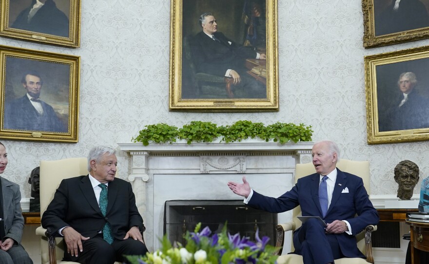 President Biden speaks during his meeting with Mexican President Andres Manuel López Obrador.