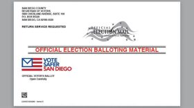 Undated image shows the outside envelope of a mail ballot that went out to more than 1.9 million registered voters in San Diego County, Oct. 5, 2020.