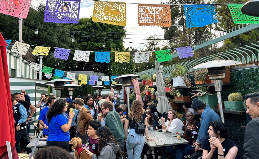 Writers meet up at Roadside Taco after picketing all afternoon.