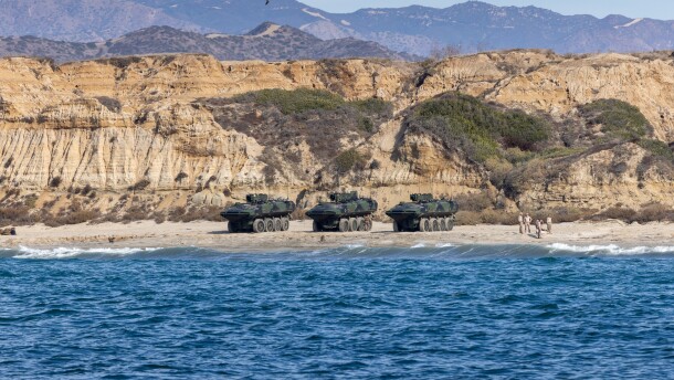 U.S. Marines with 3rd Assault Amphibian Battalion, 1st Marine Division, prepare to drive Amphibious Combat Vehicles during surf transit training off the coast of Marine Corps Base Camp Pendleton, California, Nov. 19, 2024. (U.S. Marine Corps photo by Cpl. Juan Torres)